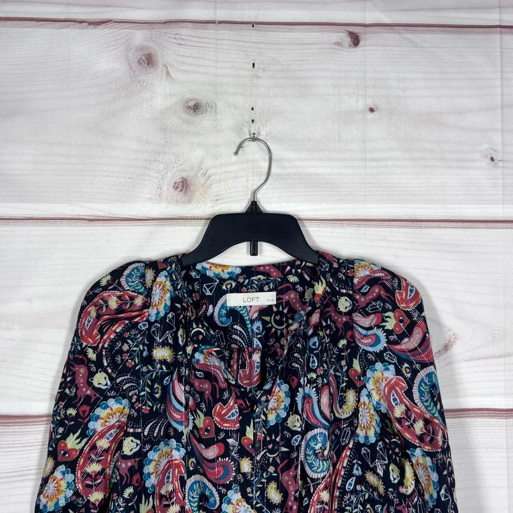 LOFT Paisley Blouse Women PS Blue Multi Lurex Stripe Puff Sleeve Tie Neck Top